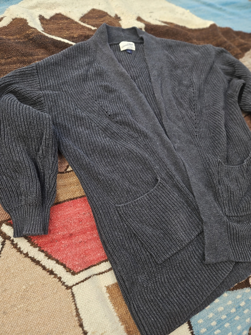 Chunky Knit Open Front Cardigan Sweater Gray Cotton Grandpa Cozy Cottagecore